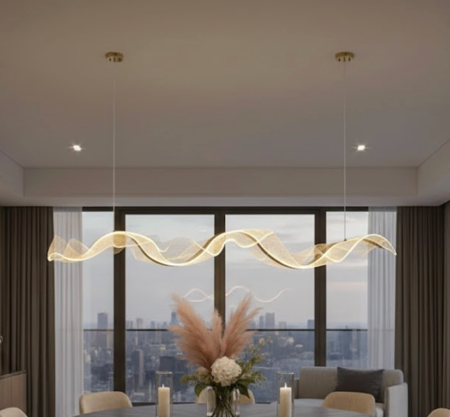 Suspension LED Vague Dorée – Design Ondulé