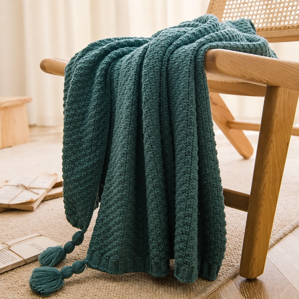Plaid vert à maille texturée et pompons sur un fauteuil en bois