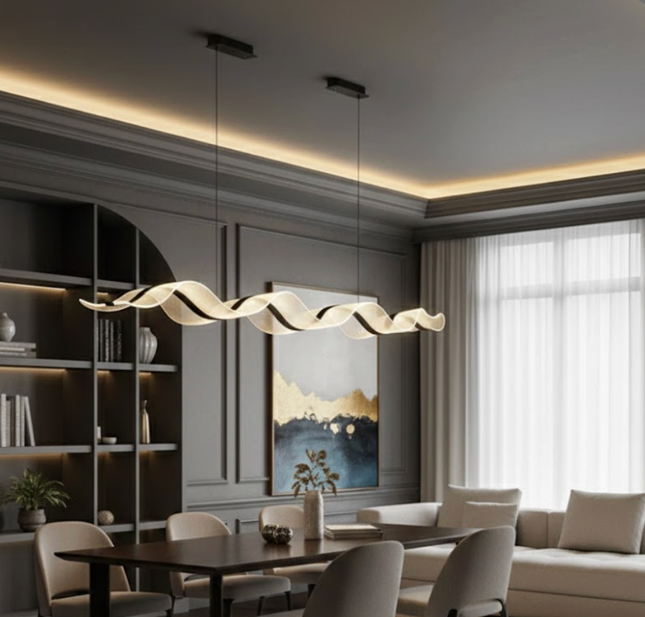 Suspension LED Vague Dorée – Design Ondulé