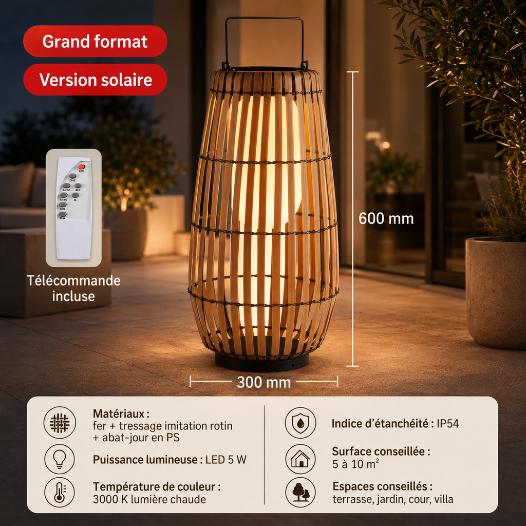 Lampe Extérieure Solaire en Rotin