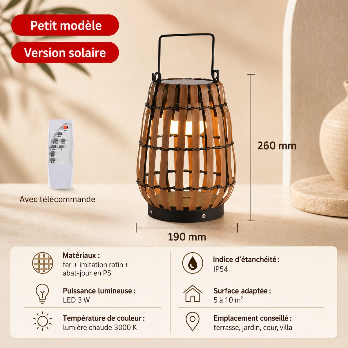 Lampe Extérieure Solaire en Rotin