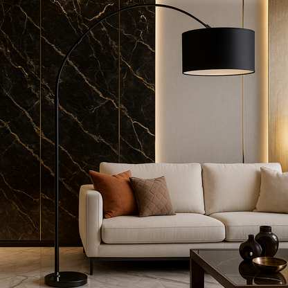 Lampadaire Arc Steel – Abat-Jour Arrondi Tissu