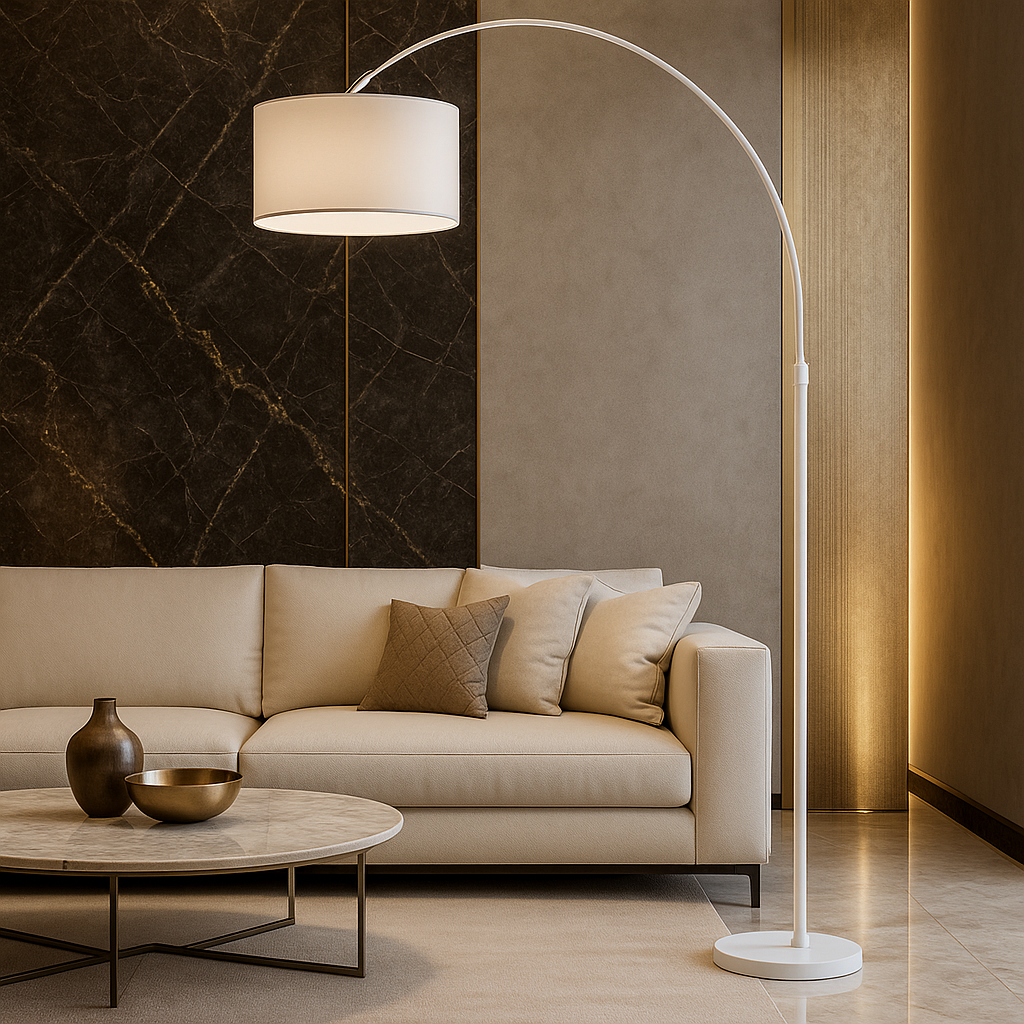 Lampadaire Arc Steel – Abat-Jour Arrondi Tissu