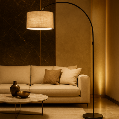 Lampadaire Arc Steel – Abat-Jour Arrondi Tissu