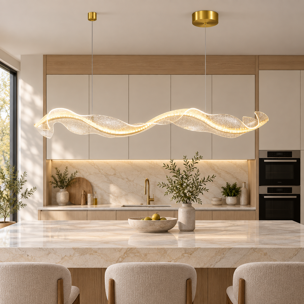 Suspension LED Vague Dorée – Design Ondulé