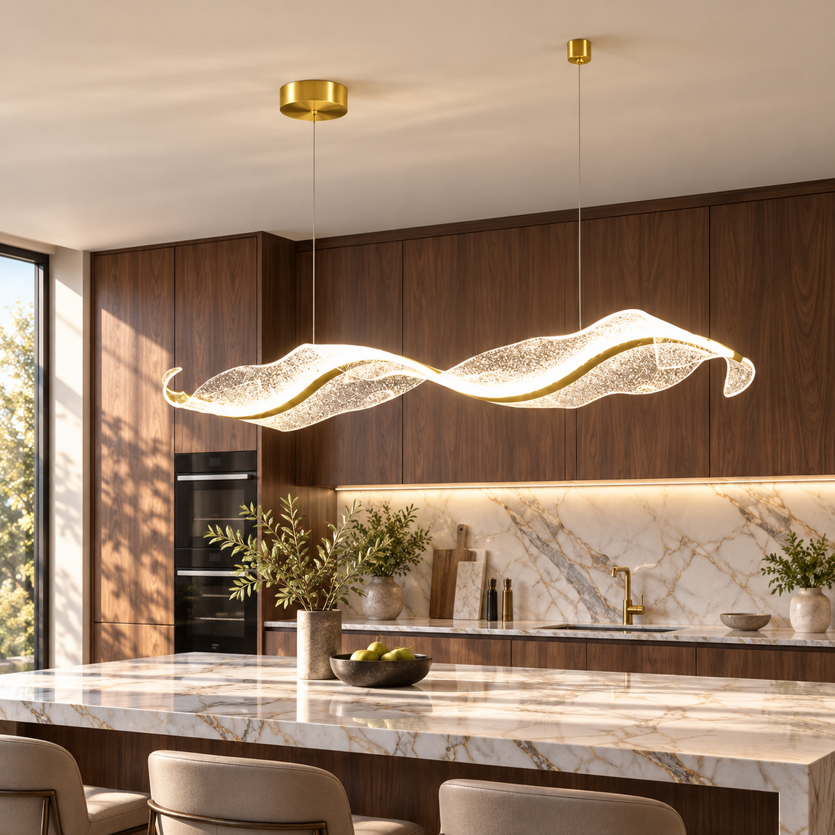 Suspension LED Vague Dorée – Design Ondulé