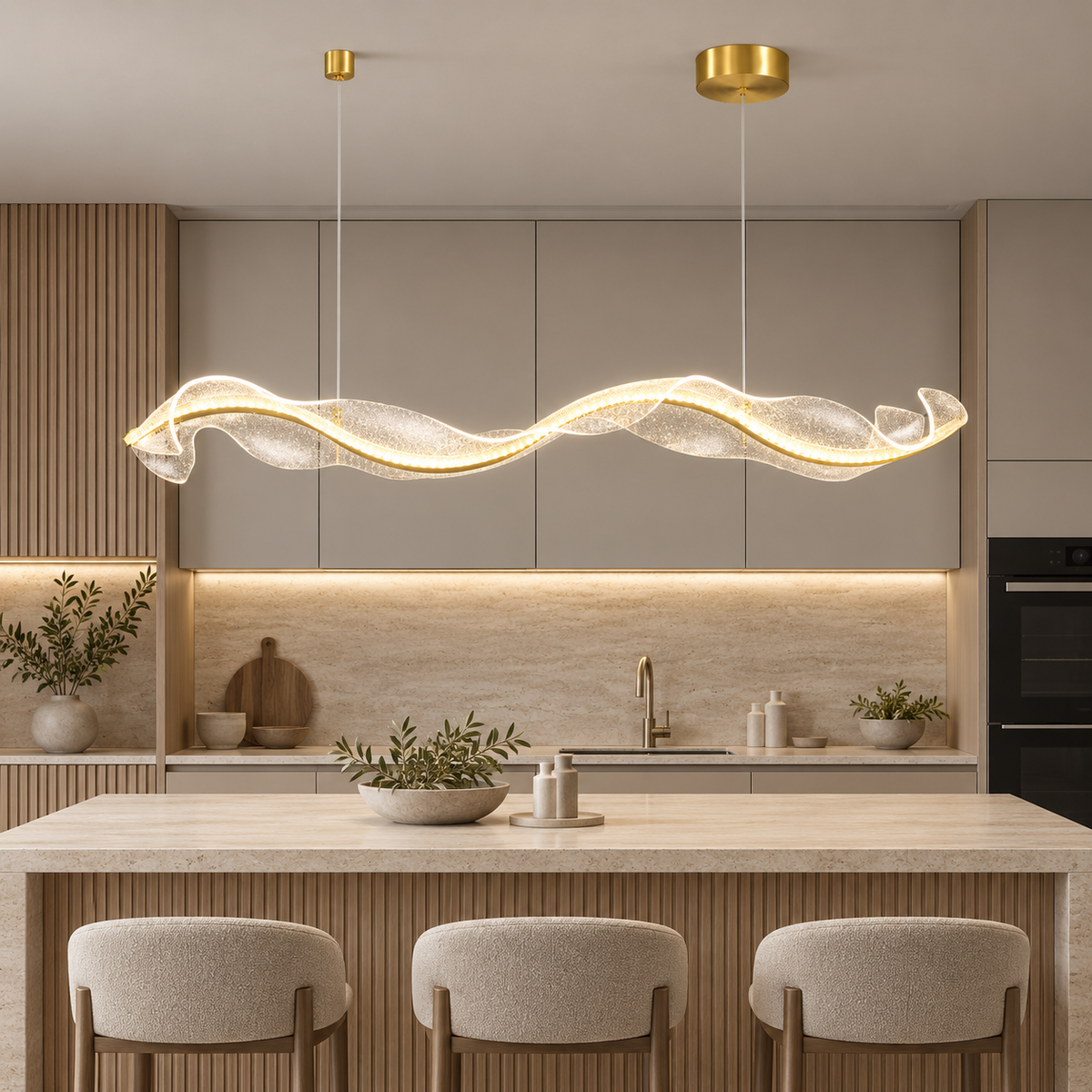 Suspension LED Vague Dorée – Design Ondulé