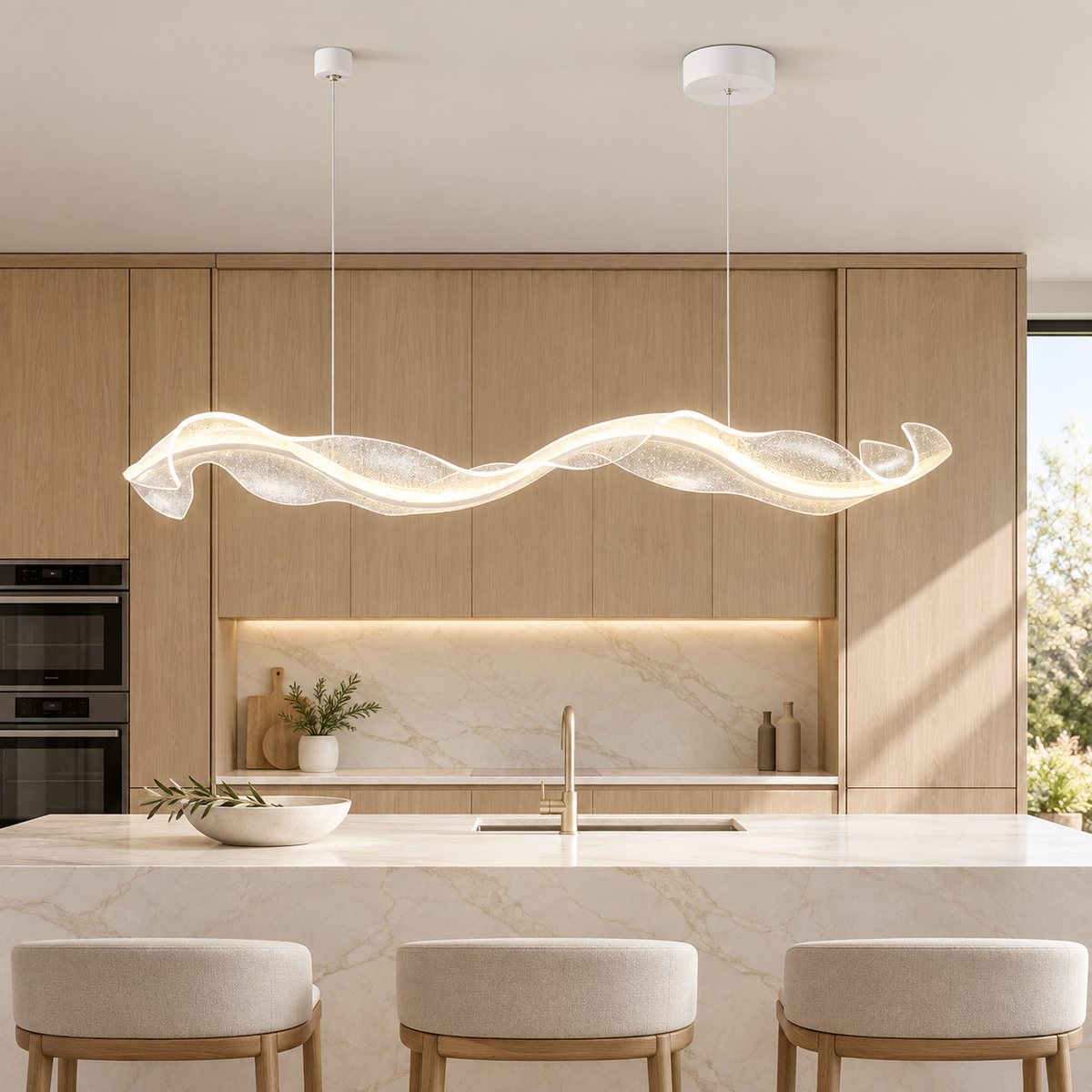 Suspension LED Vague Dorée – Design Ondulé