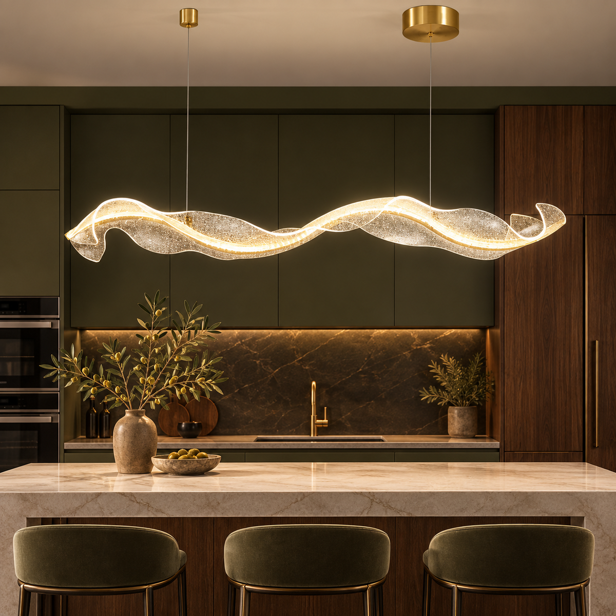 Suspension LED Vague Dorée – Design Ondulé