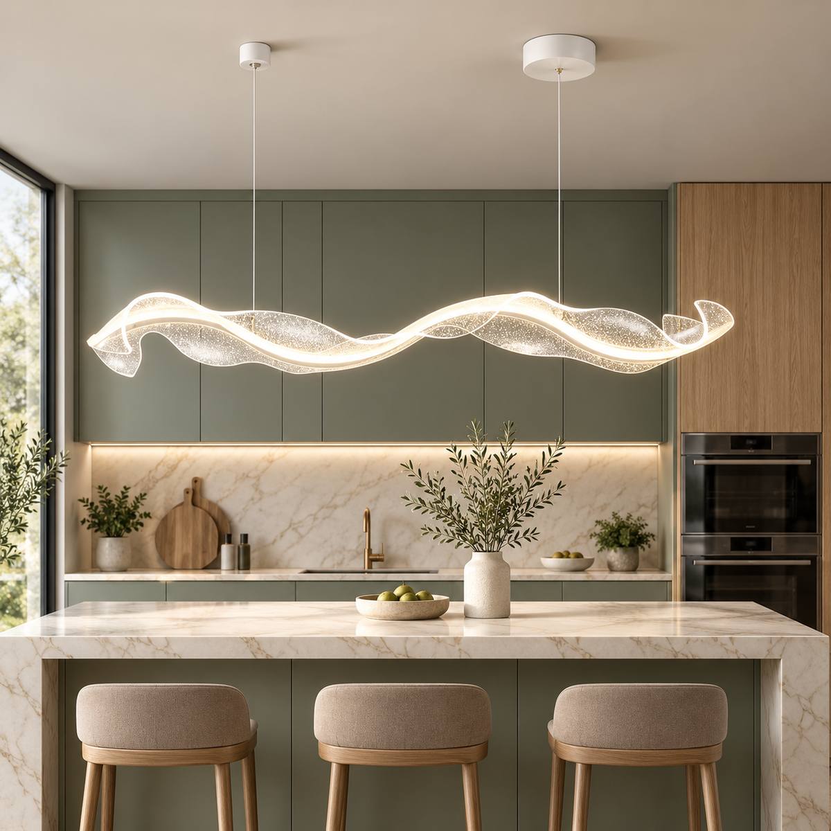 Suspension LED Vague Dorée – Design Ondulé
