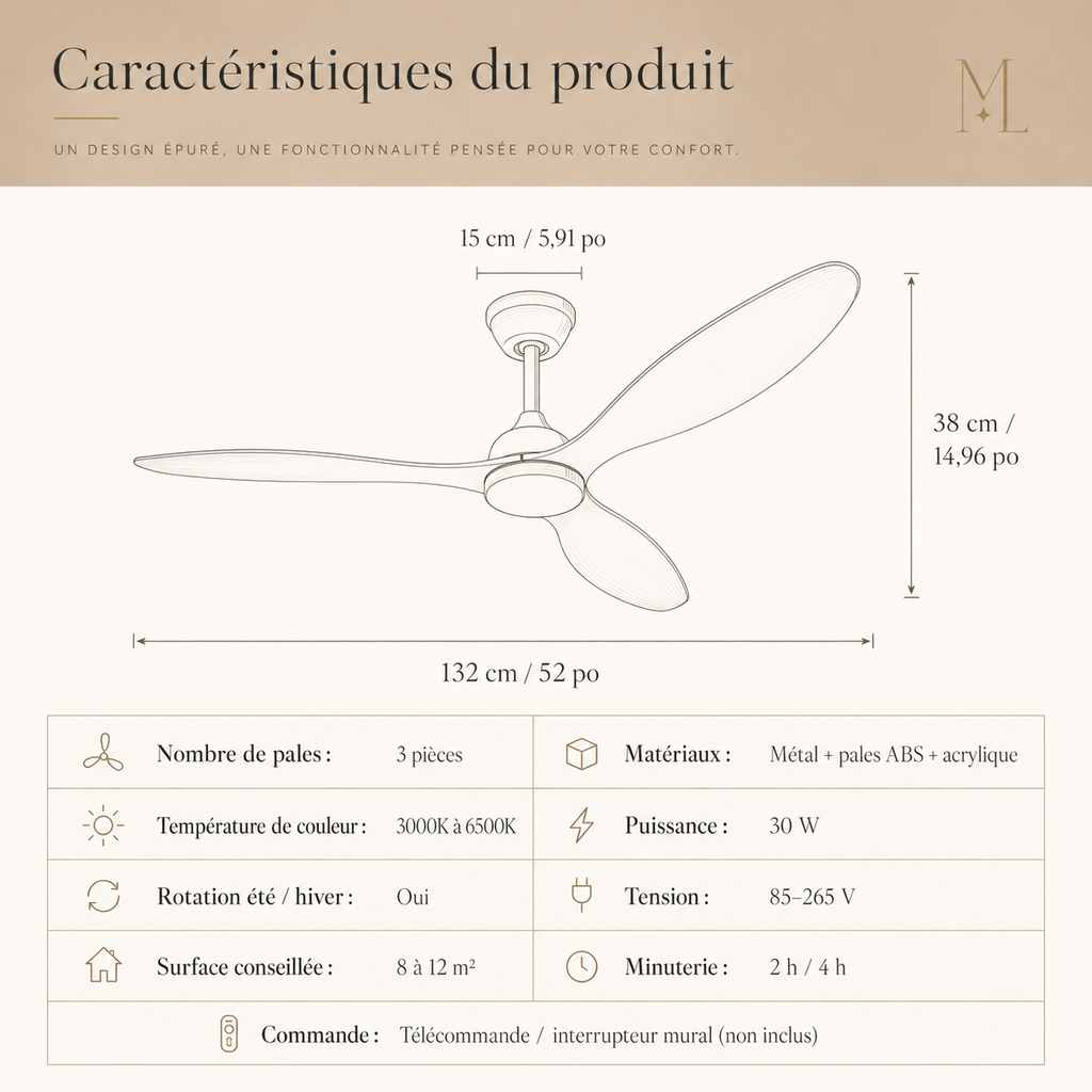 Ventilateur de Plafond avec Lumière LED 52 Pouces — Télécommande, Silencieux, Intérieur et Extérieur