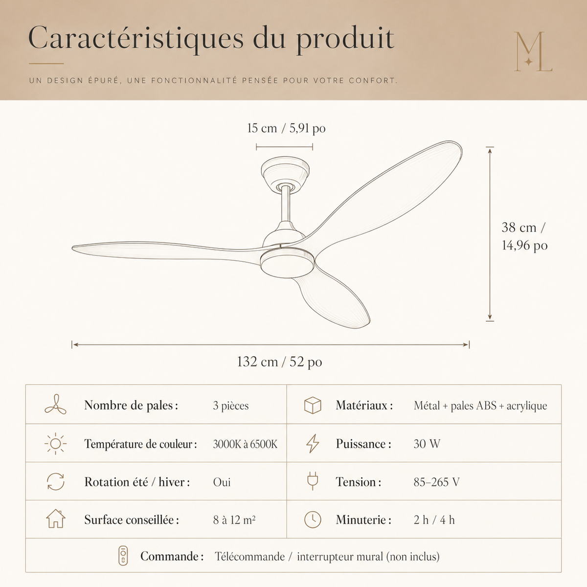 Ventilateur de Plafond avec Lumière LED 52 Pouces — Télécommande, Silencieux, Intérieur et Extérieur