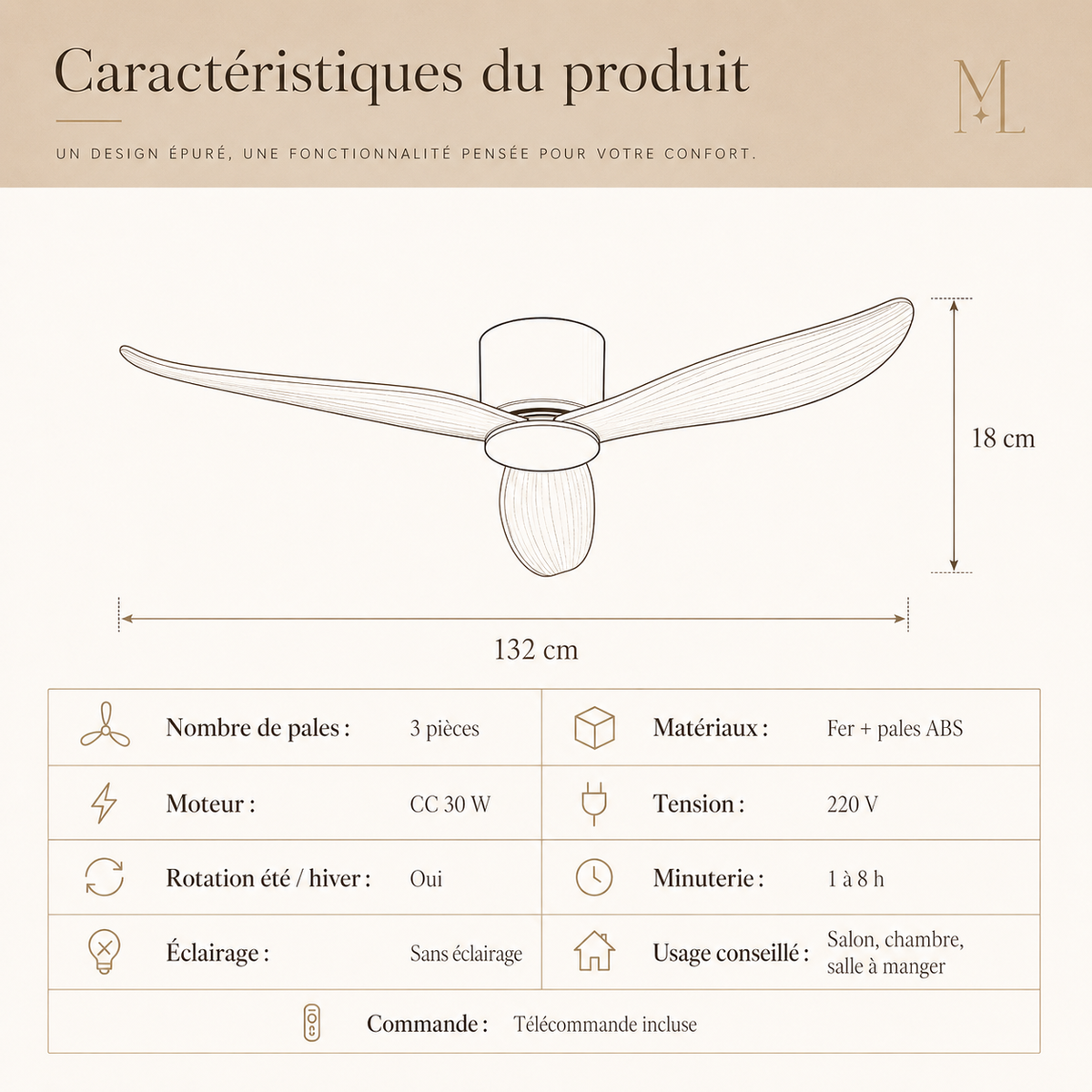Ventilateur de Plafond Moderne Sans Lumière 42/52 Pouces — Moteur DC Silencieux, Télécommande, Design Scandinave
