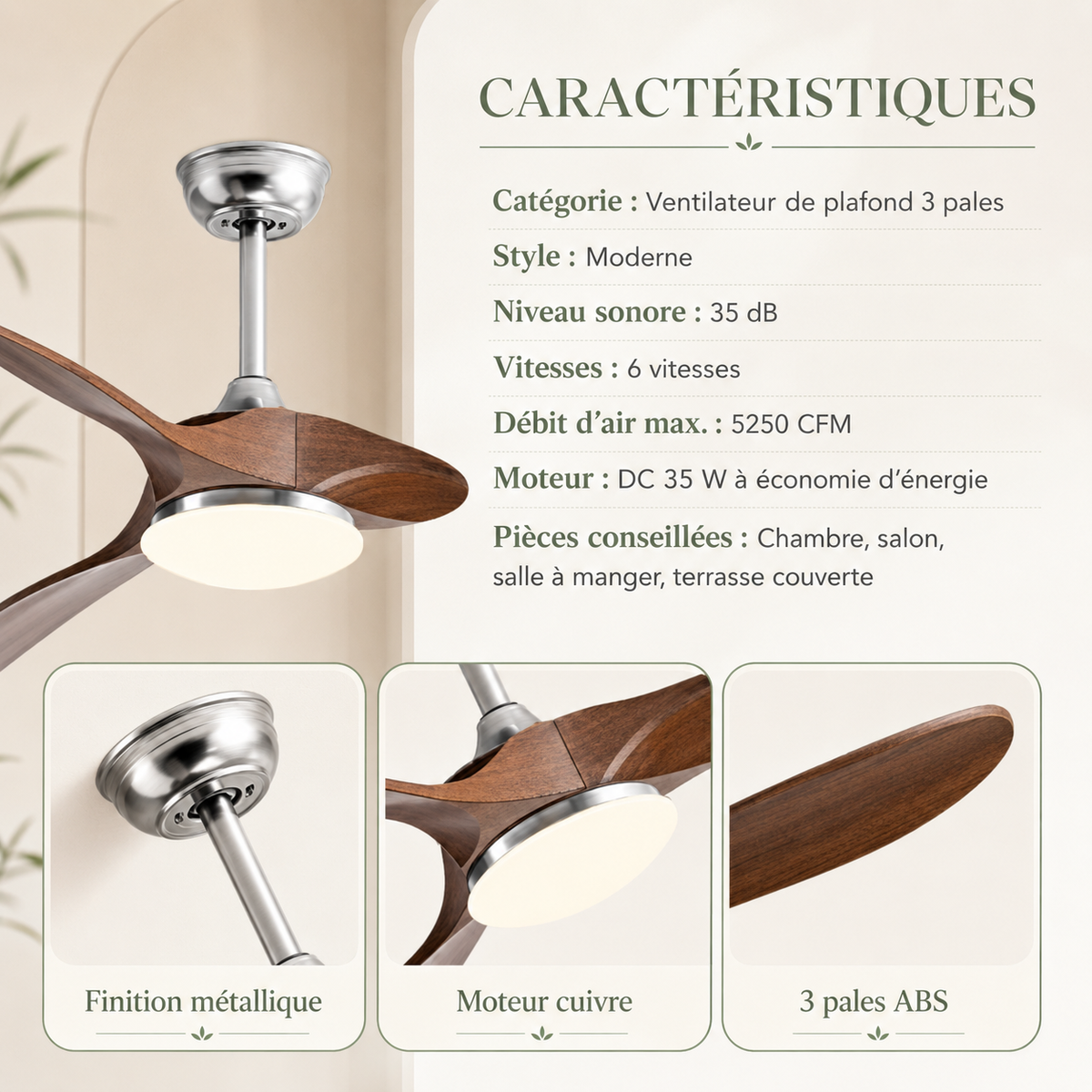 Ventilateur de Plafond Industriel Vintage — Moteur DC, Éclairage LED 24W, Télécommande & 6 Vitesses