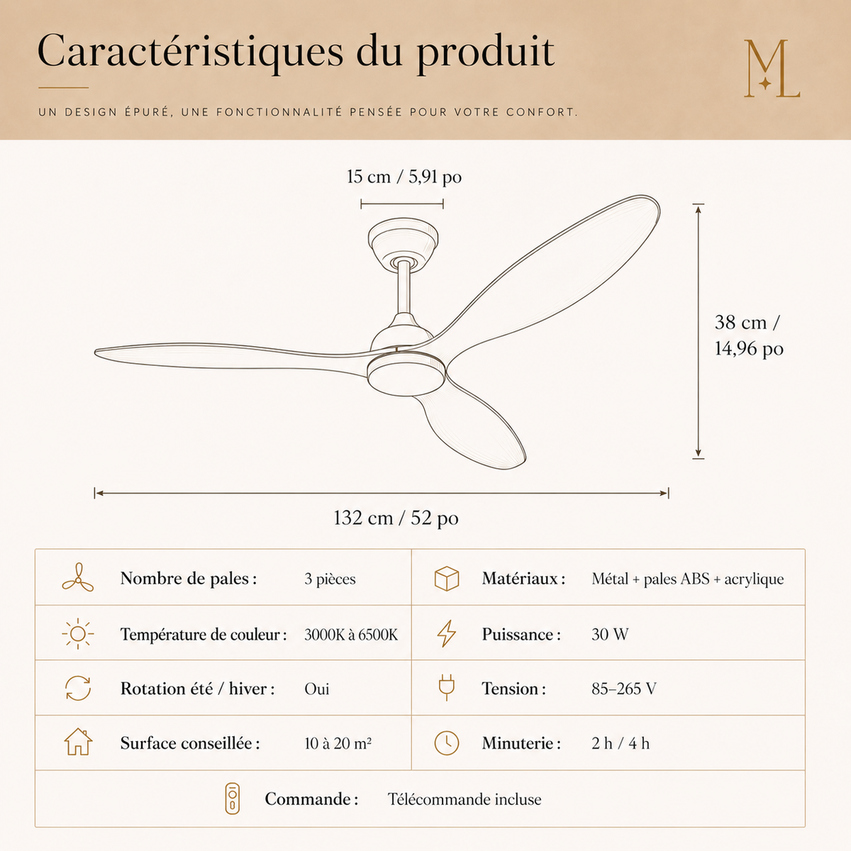 Ventilateur de Plafond avec Lumière LED 52 Pouces — Télécommande, Silencieux, Intérieur et Extérieur