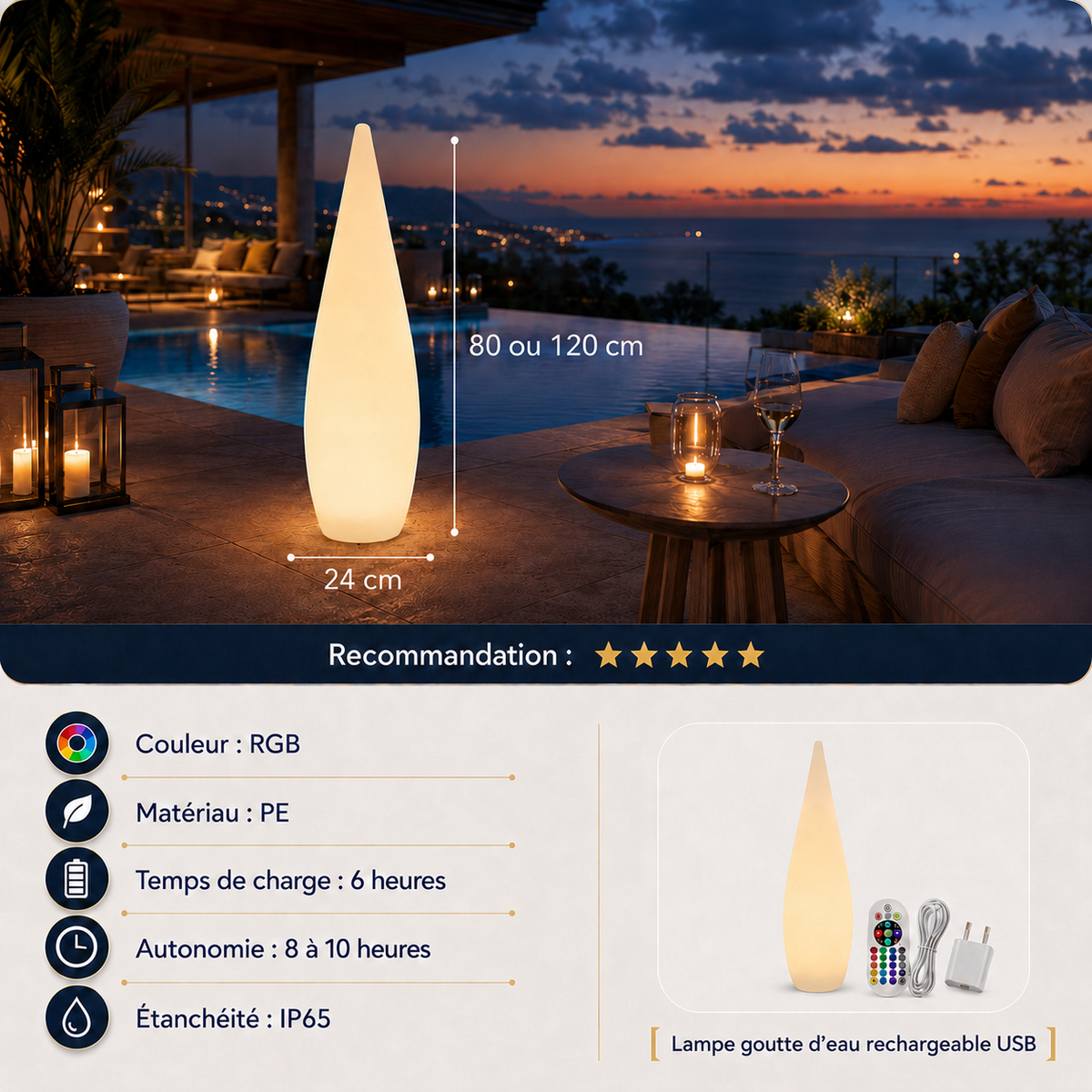 Lampe Extérieure LED Goutte d’Eau – Éclairage Décoratif Rechargeable pour Jardin