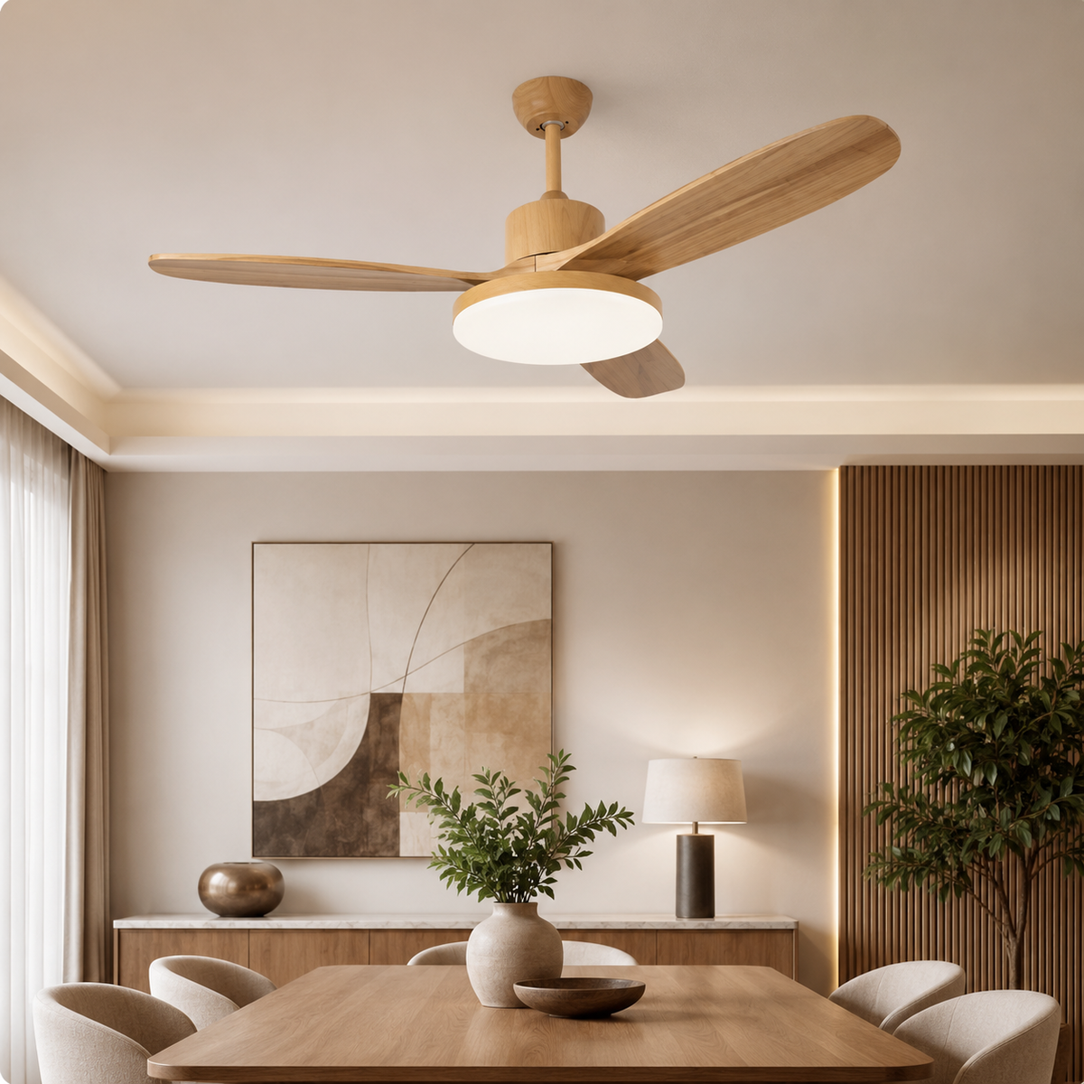 Ventilateur de Plafond Japonais Silencieux avec Lumière – Bois Naturel pour Salon, Chambre et Salle à Manger