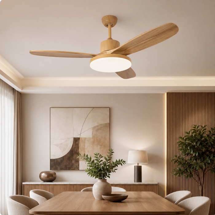 Ventilateur de Plafond Japonais Silencieux avec Lumière – Bois Naturel pour Salon, Chambre et Salle à Manger