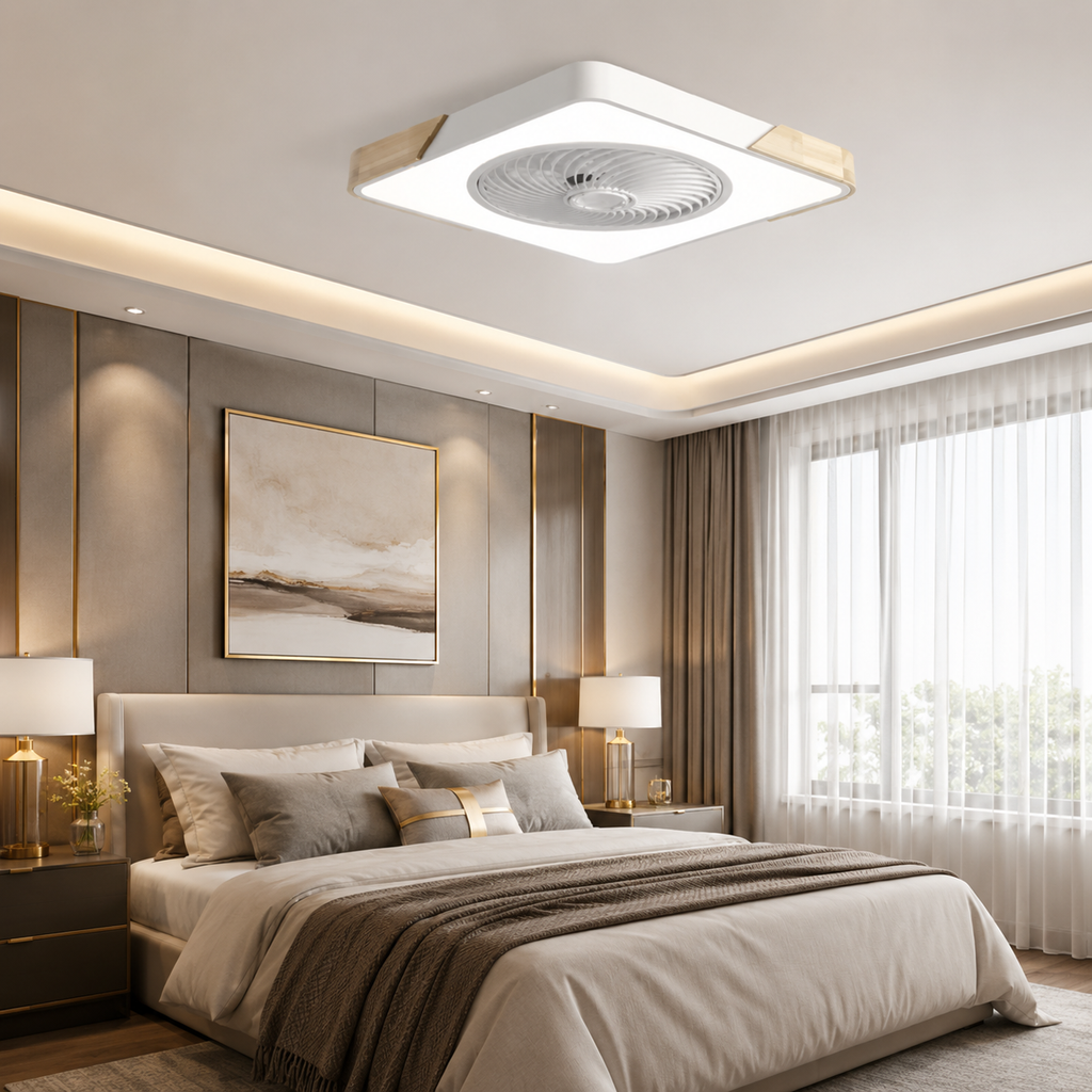 Ventilateur de Plafond Carré Blanc avec Lampe – Design Nordique Ultra-Mince pour Chambre et Salon