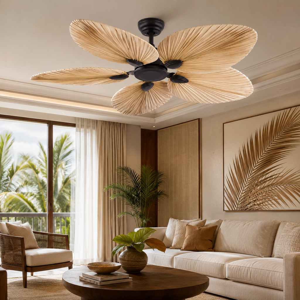 Ventilateur de Plafond LED Nordique Feuille de Palmier – Luminaire Design pour Salon, Salle à Manger et Restaurant