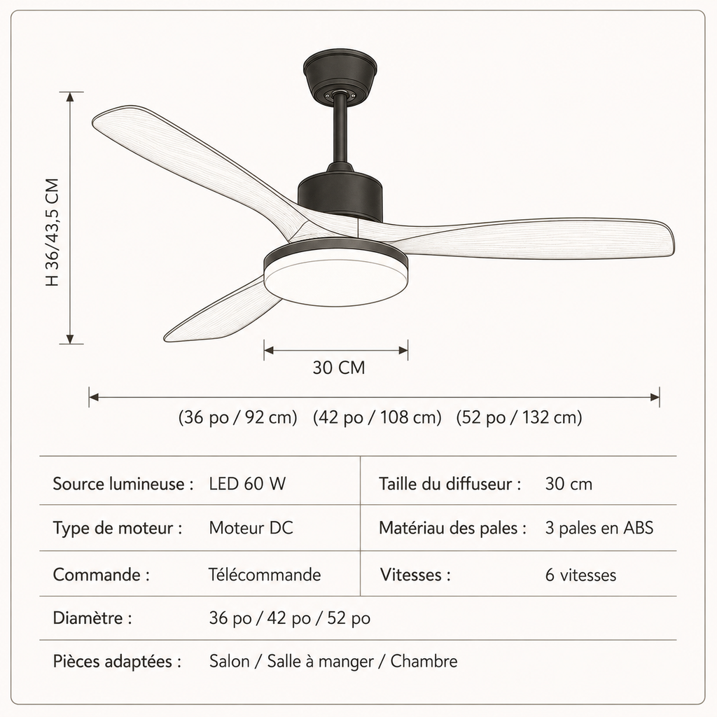 Ventilateur de Plafond Japonais Silencieux avec Lumière – Bois Naturel pour Salon, Chambre et Salle à Manger