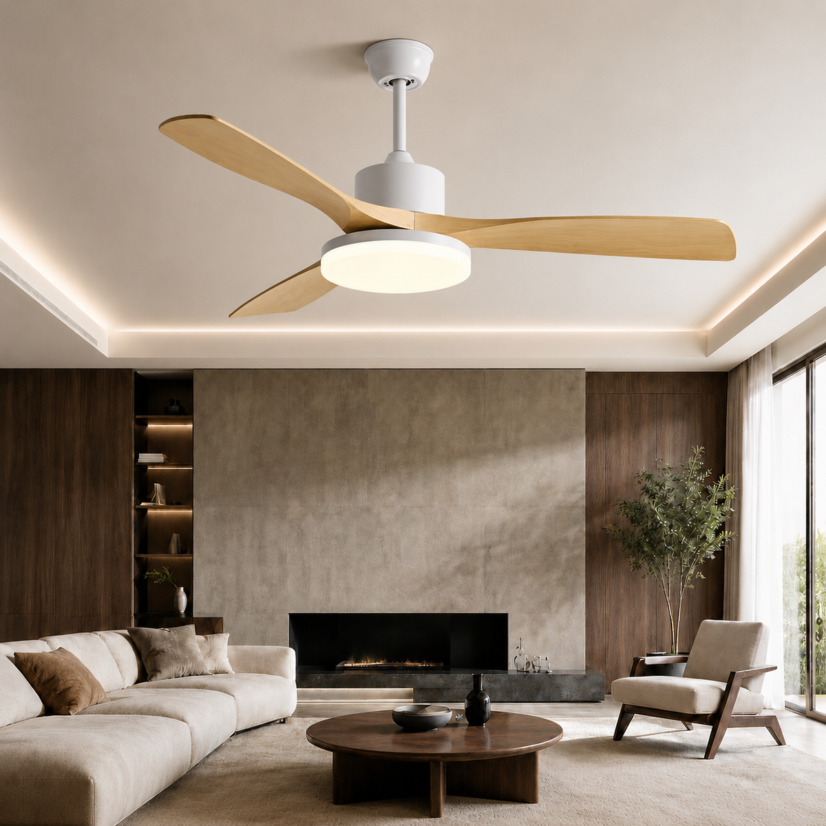 Ventilateur de Plafond Japonais Silencieux avec Lumière – Bois Naturel pour Salon, Chambre et Salle à Manger