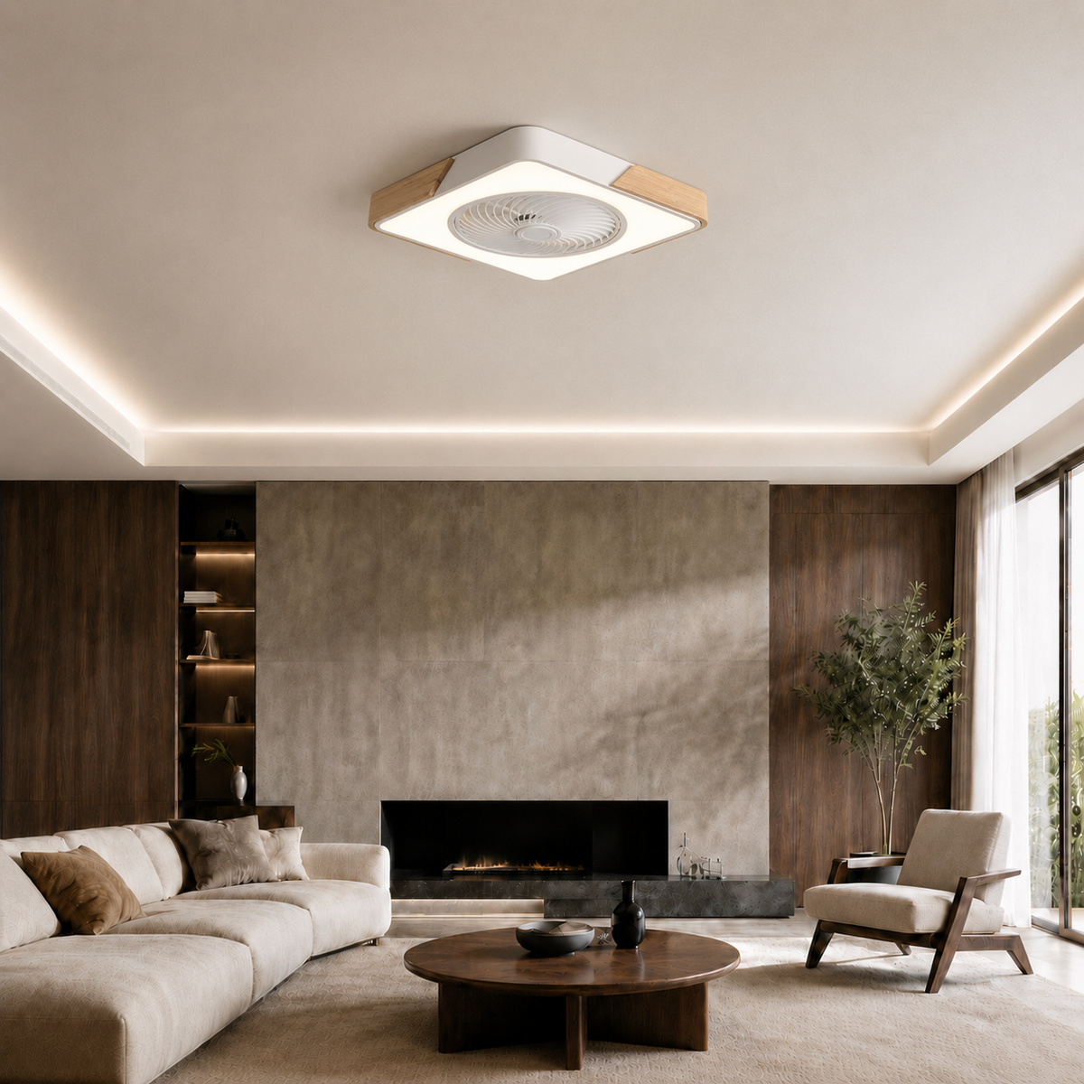 Ventilateur de Plafond Carré Blanc avec Lampe – Design Nordique Ultra-Mince pour Chambre et Salon