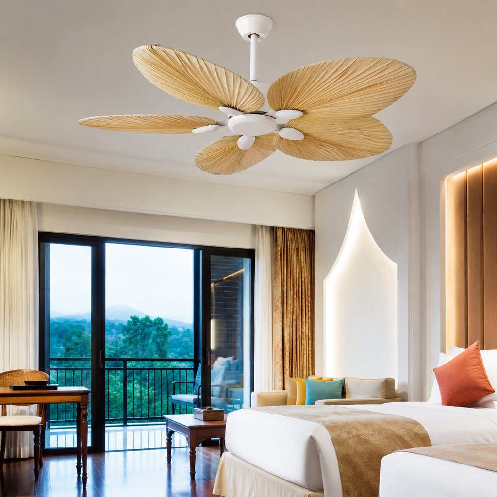 Ventilateur de Plafond LED Nordique Feuille de Palmier – Luminaire Design pour Salon, Salle à Manger et Restaurant