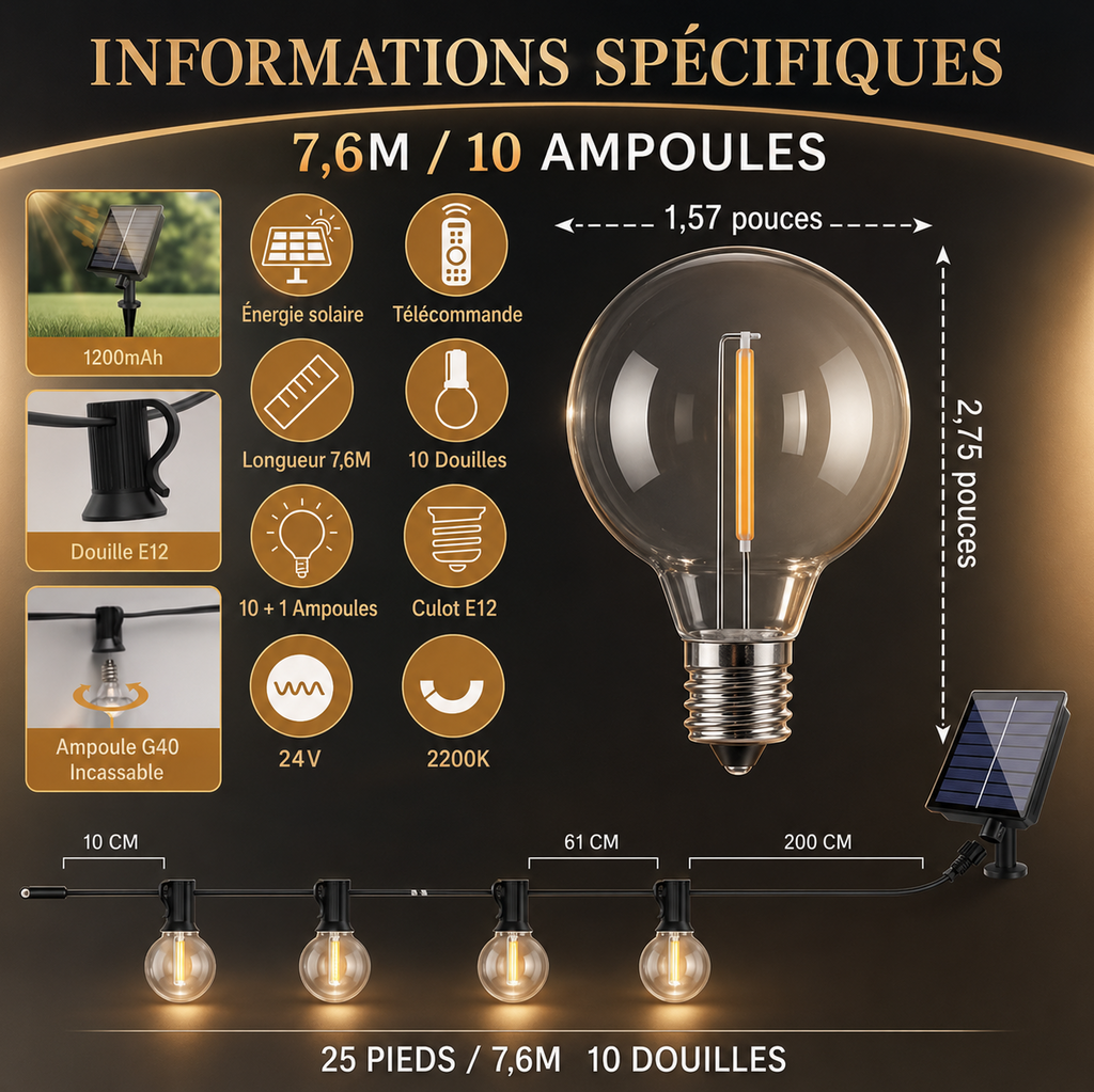 Guirlande LED Solaire G40 Extérieure – Lumière Guinguette Étanche pour Terrasse