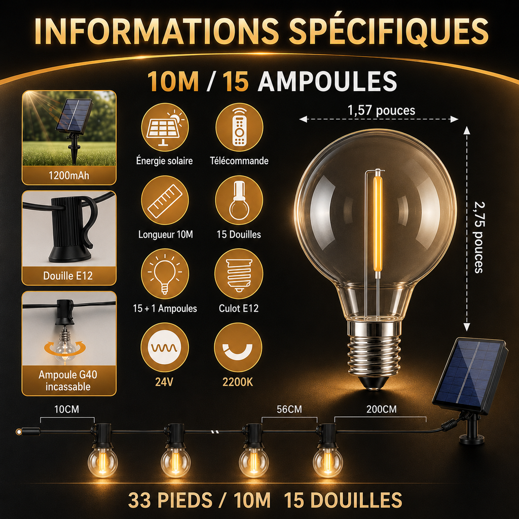 Guirlande LED Solaire G40 Extérieure – Lumière Guinguette Étanche pour Terrasse