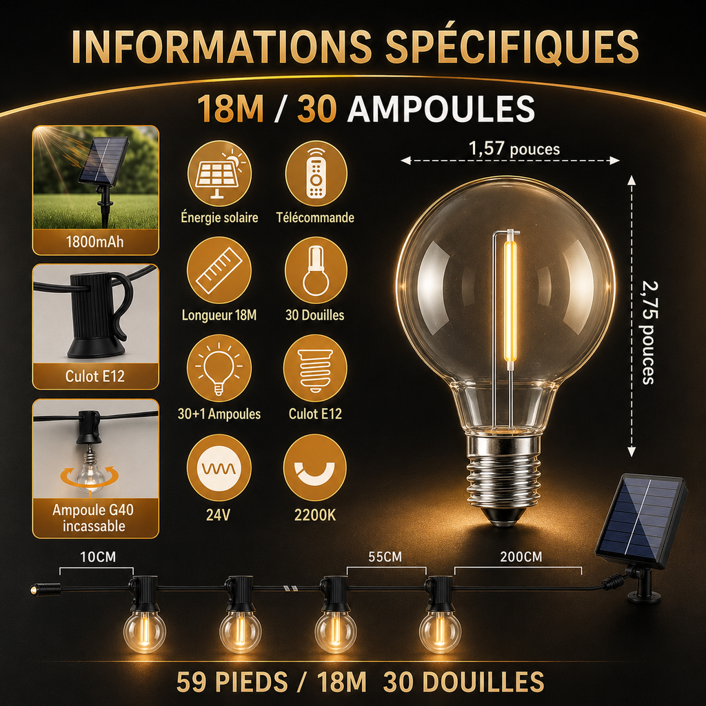 Guirlande LED Solaire G40 Extérieure – Lumière Guinguette Étanche pour Terrasse