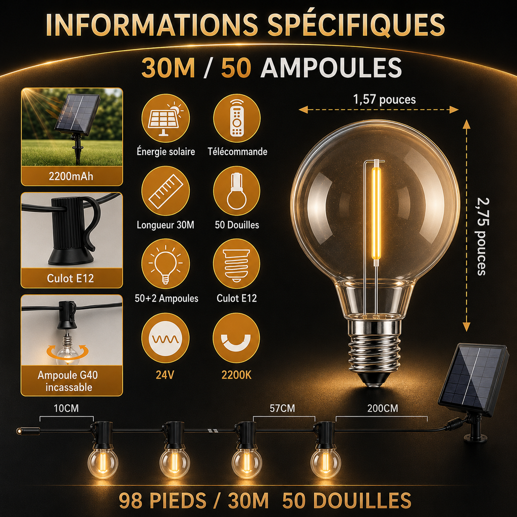Guirlande LED Solaire G40 Extérieure – Lumière Guinguette Étanche pour Terrasse