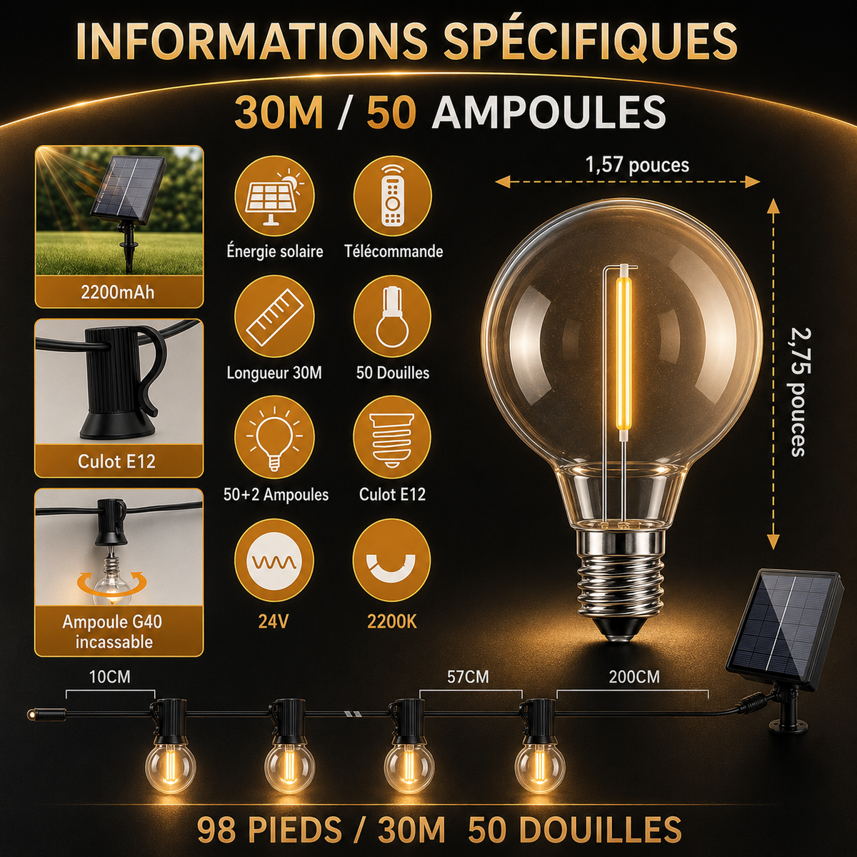 Guirlande LED Solaire G40 Extérieure – Lumière Guinguette Étanche pour Terrasse