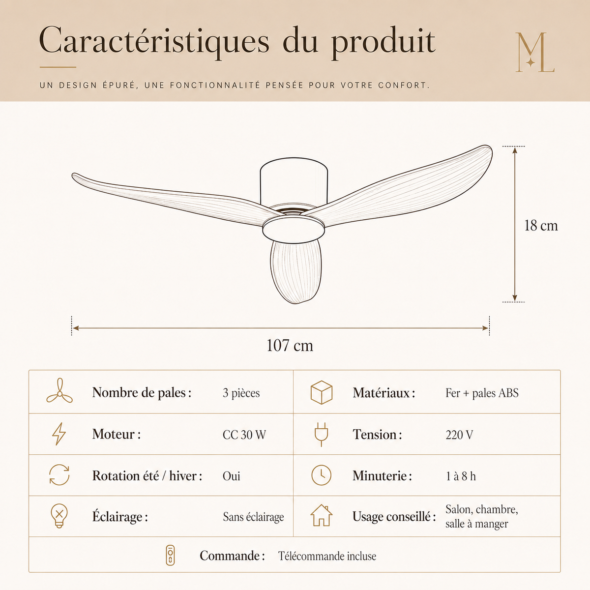 Ventilateur de Plafond Moderne Sans Lumière 42/52 Pouces — Moteur DC Silencieux, Télécommande, Design Scandinave
