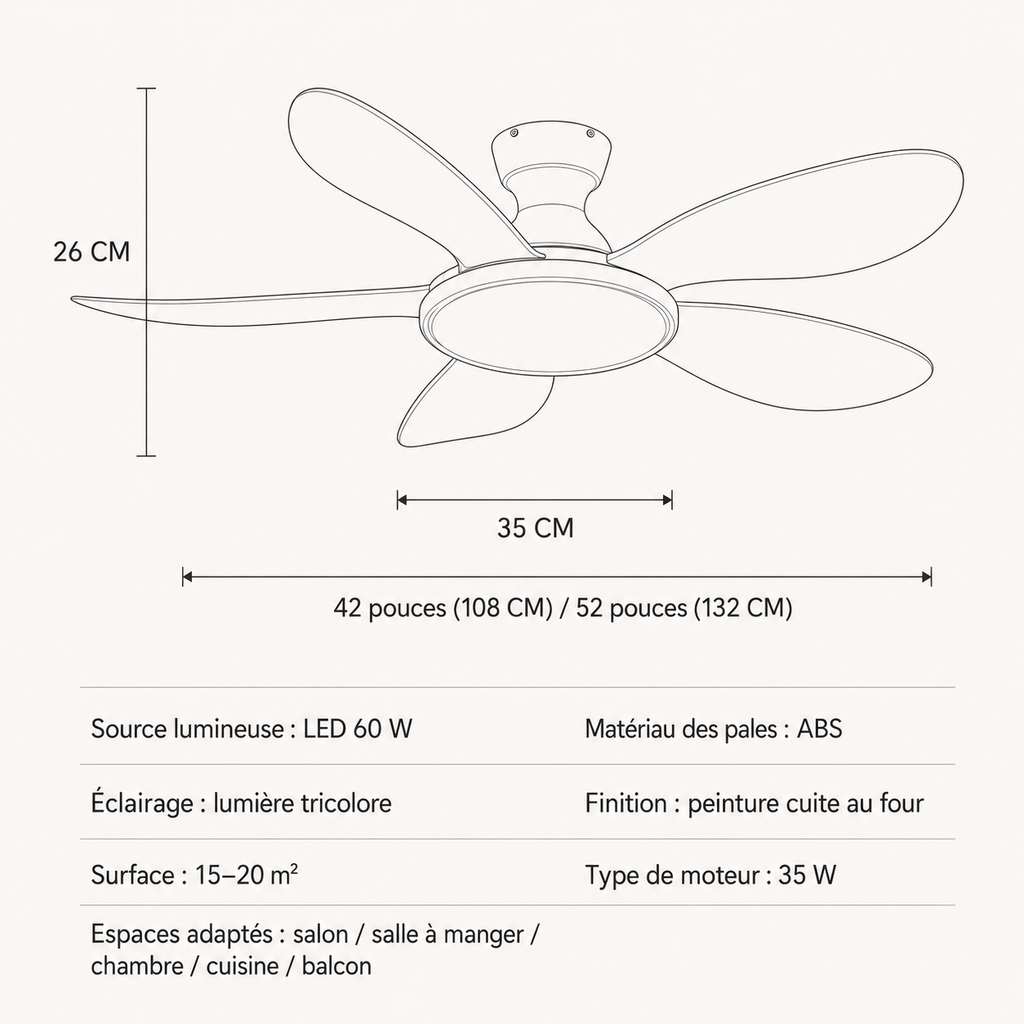 Ventilateur de Plafond Moderne 42/52 Pouces avec Lumière LED 60W — Moteur DC Silencieux, Télécommande