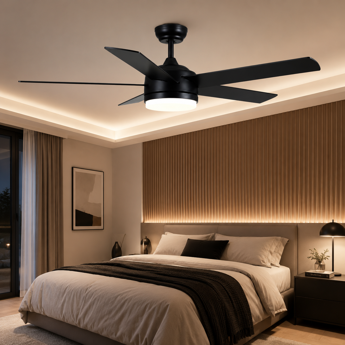 Ventilateur de Plafond Noir 52 Pouces avec Lumière LED — Télécommande, 3 Couleurs, Silencieux