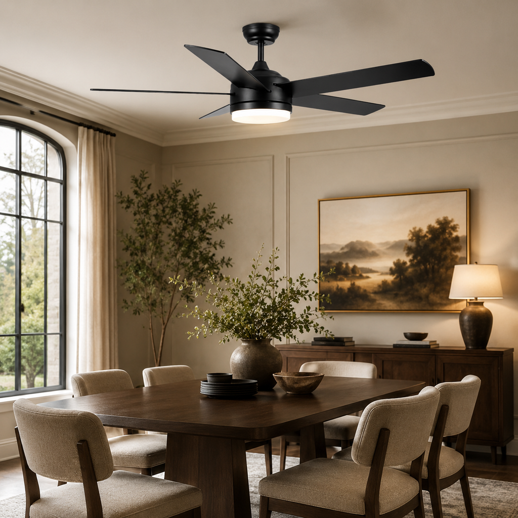 Ventilateur de Plafond Noir 52 Pouces avec Lumière LED — Télécommande, 3 Couleurs, Silencieux