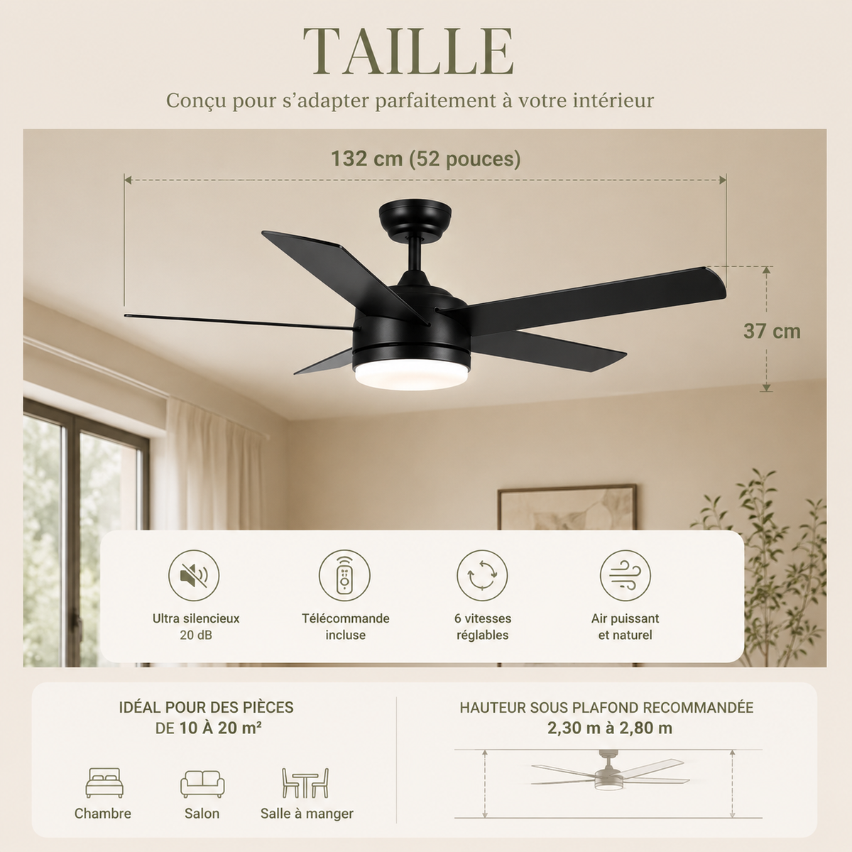 Ventilateur de Plafond Noir 52 Pouces avec Lumière LED — Télécommande, 3 Couleurs, Silencieux