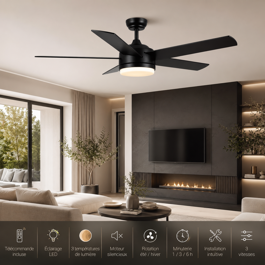 Ventilateur de Plafond Noir 52 Pouces avec Lumière LED — Télécommande, 3 Couleurs, Silencieux