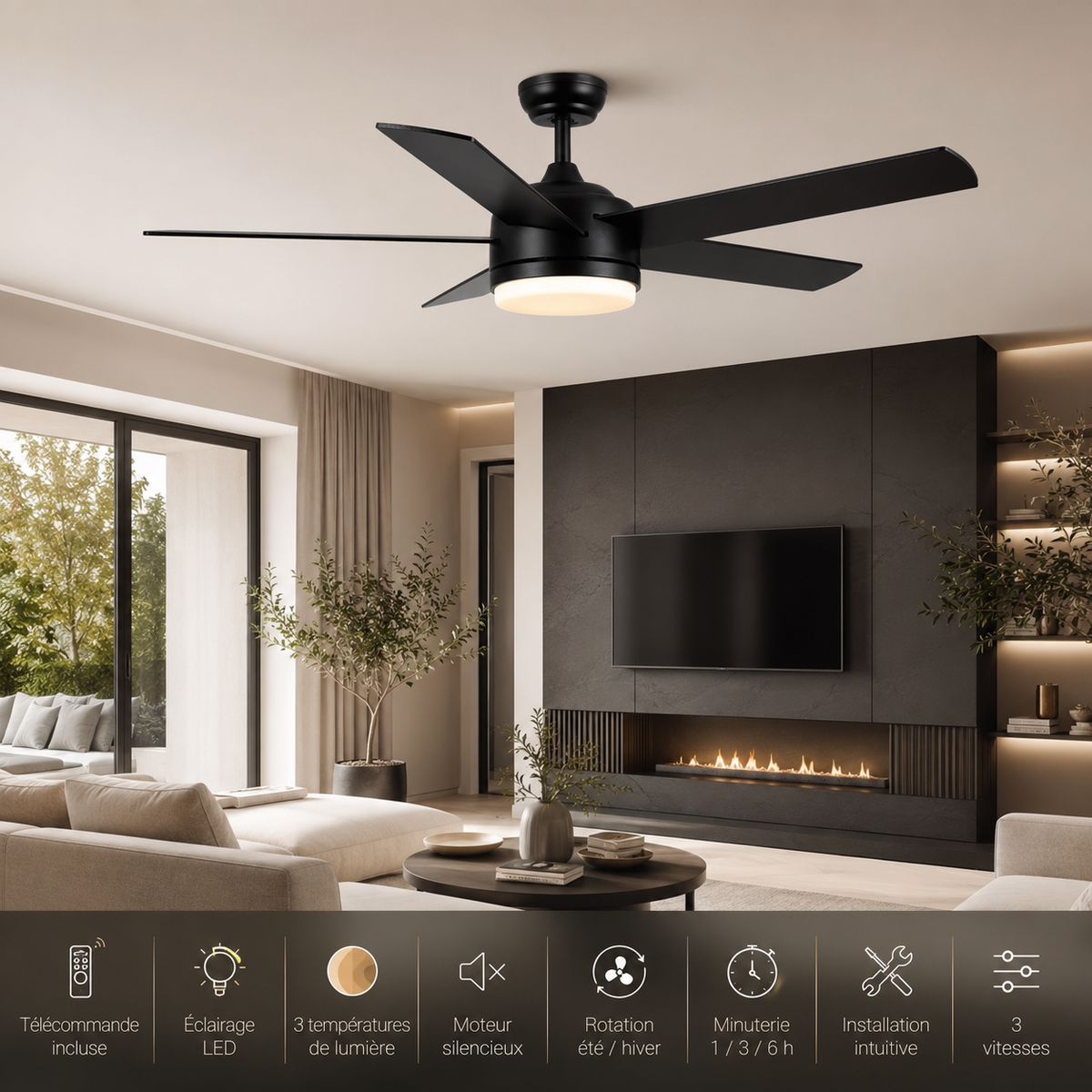 Ventilateur de Plafond Noir 52 Pouces avec Lumière LED — Télécommande, 3 Couleurs, Silencieux