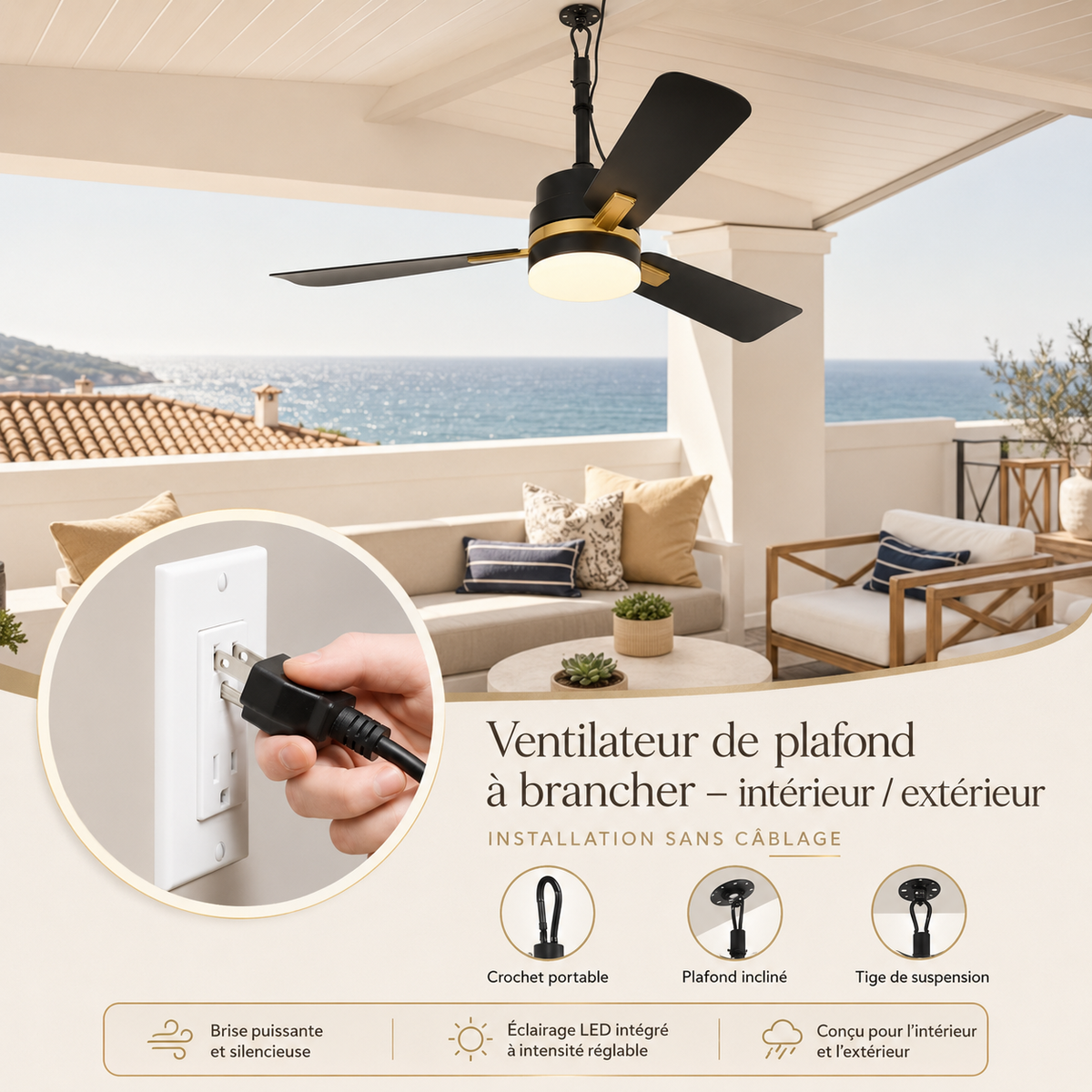 Ventilateur de Plafond Extérieur et Intérieur avec Lumière LED — Terrasse, Véranda et Salon