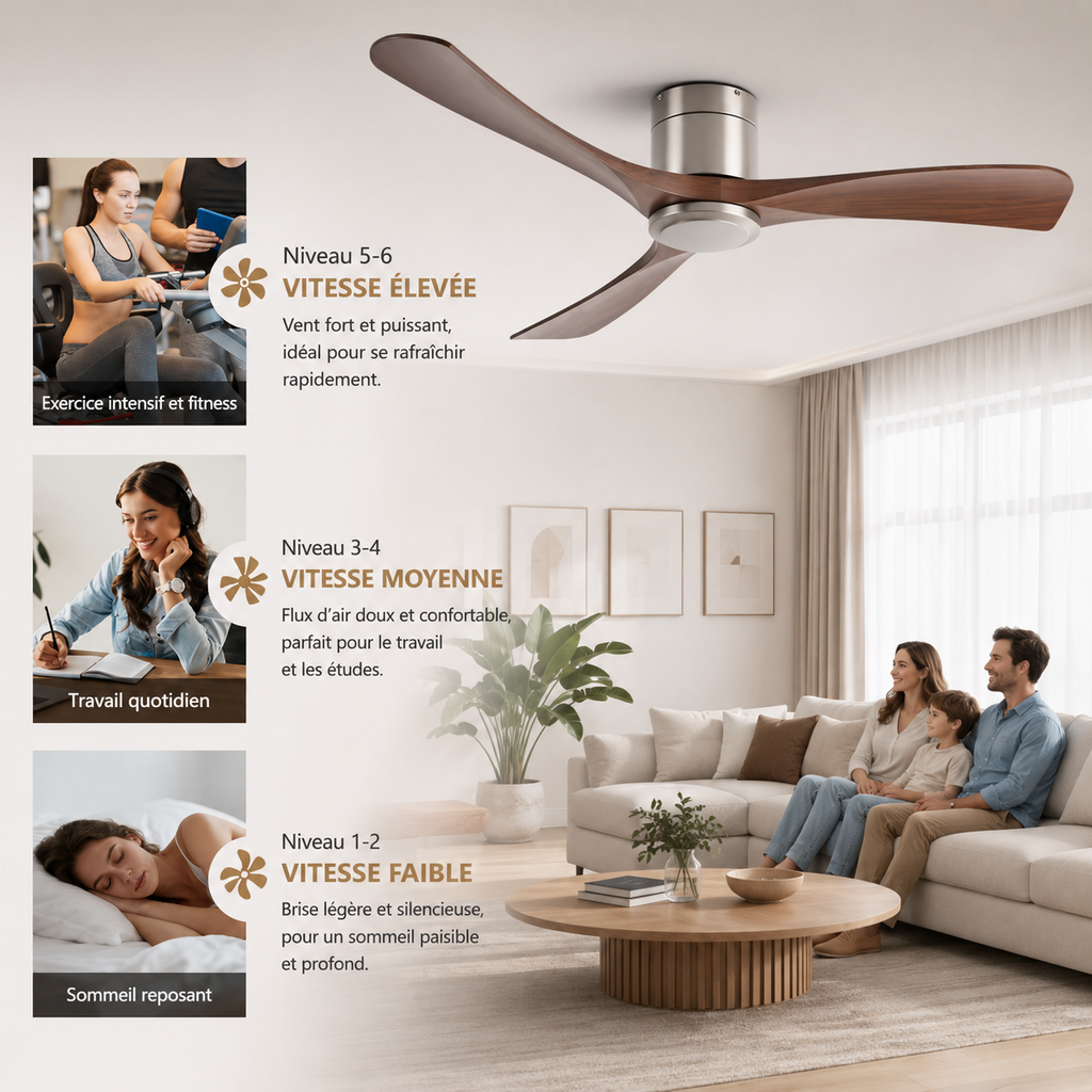 Ventilateur de Plafond Sans Lumière 38/52/56 Pouces — Moteur DC Silencieux, 3 Pales Bois, Télécommande
