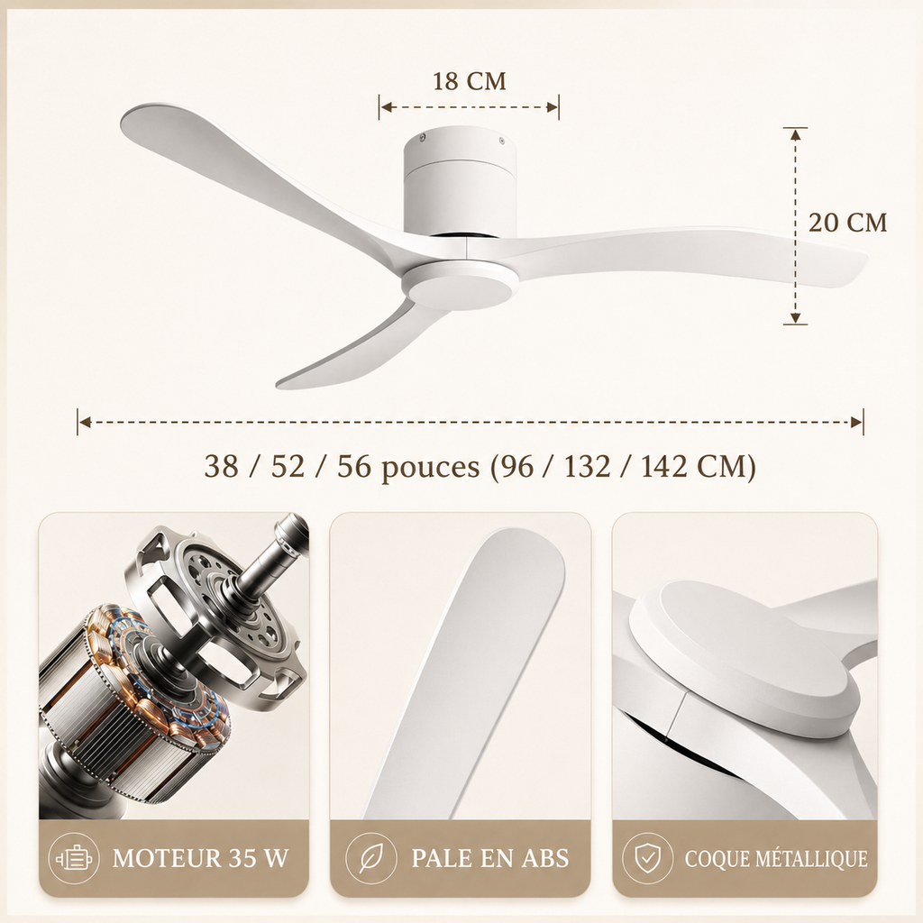 Ventilateur de Plafond Sans Lumière 38/52/56 Pouces — Moteur DC Silencieux, 3 Pales Bois, Télécommande