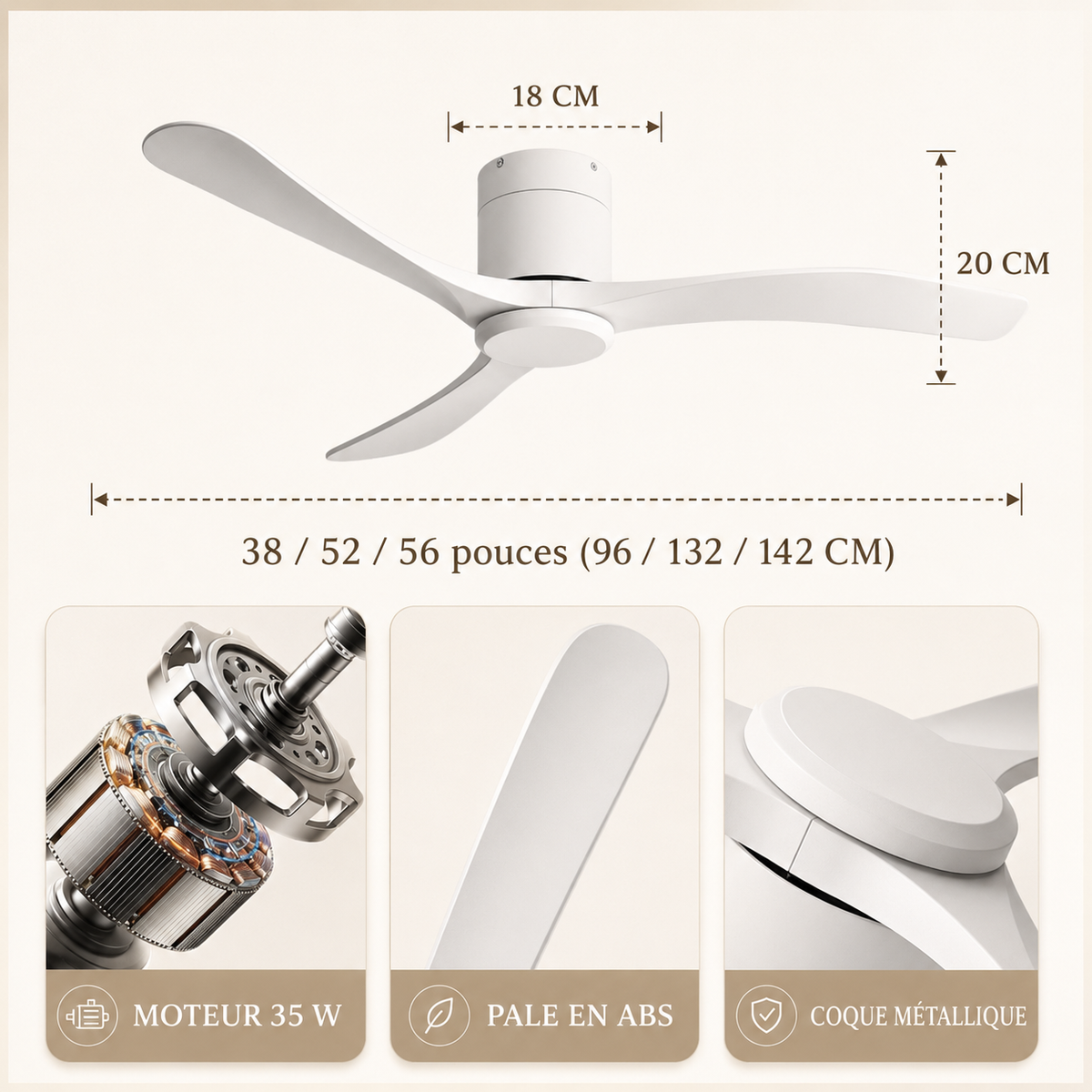 Ventilateur de Plafond Sans Lumière 38/52/56 Pouces — Moteur DC Silencieux, 3 Pales Bois, Télécommande
