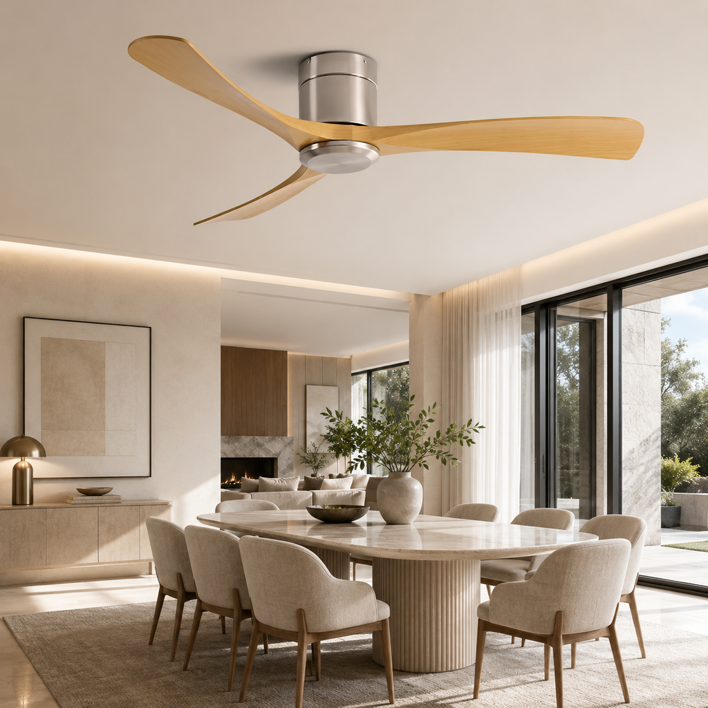 Ventilateur de Plafond Sans Lumière 38/52/56 Pouces — Moteur DC Silencieux, 3 Pales Bois, Télécommande