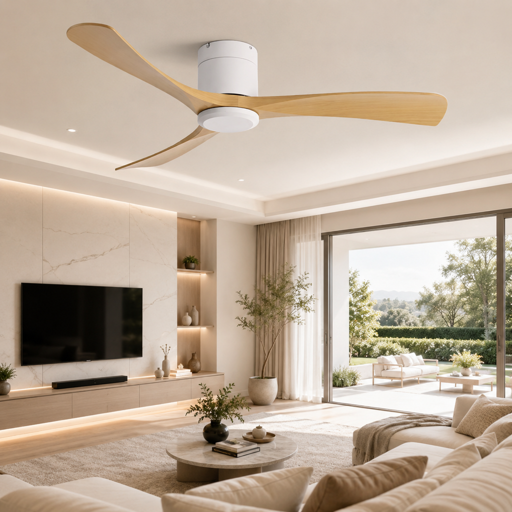 Ventilateur de Plafond Sans Lumière 38/52/56 Pouces — Moteur DC Silencieux, 3 Pales Bois, Télécommande
