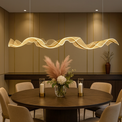Suspension LED Vague Dorée – Design Ondulé