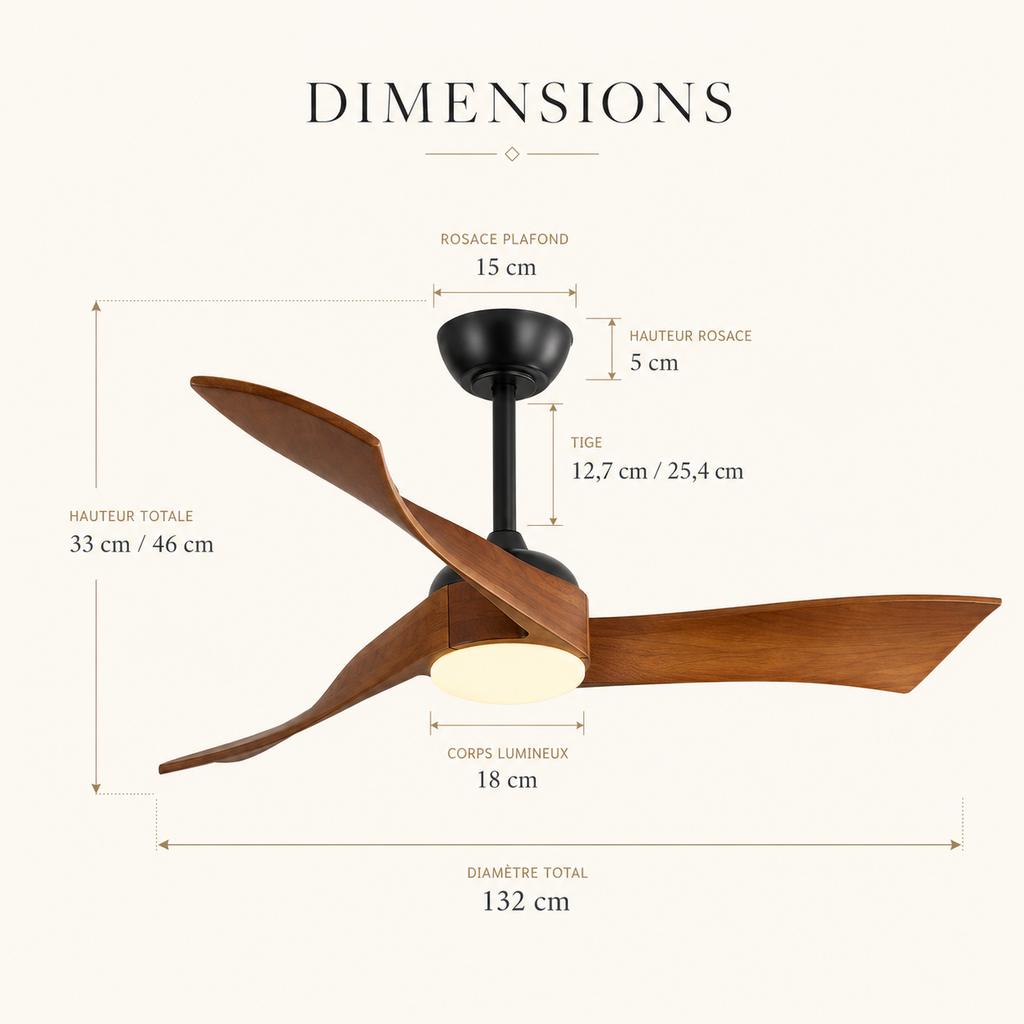 Ventilateur de Plafond Bois 132 cm – Silencieux, LED & Télécommande