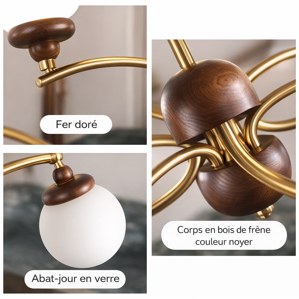 Lustre Héritage – Design Rétro Américain en Bois de Frêne et Verre Dépoli