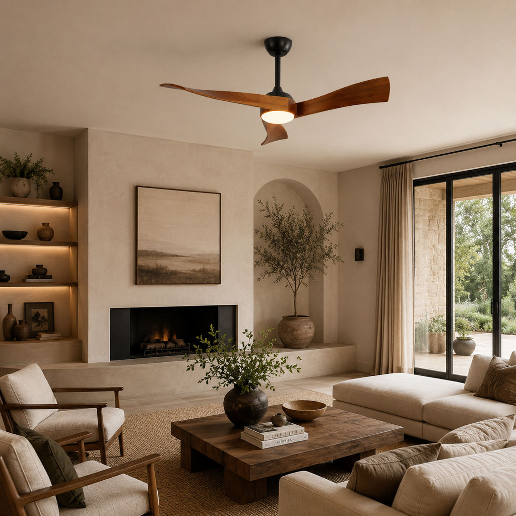 Ventilateur de Plafond Bois Design 52" — Moteur DC Silencieux, Télécommande & Éclairage Intégré